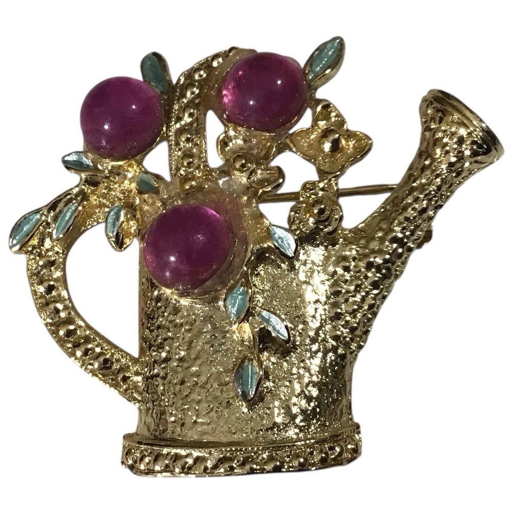 Watering Can Flower Brooch Purple Posy Gardener Fashion Jewelry Vintage